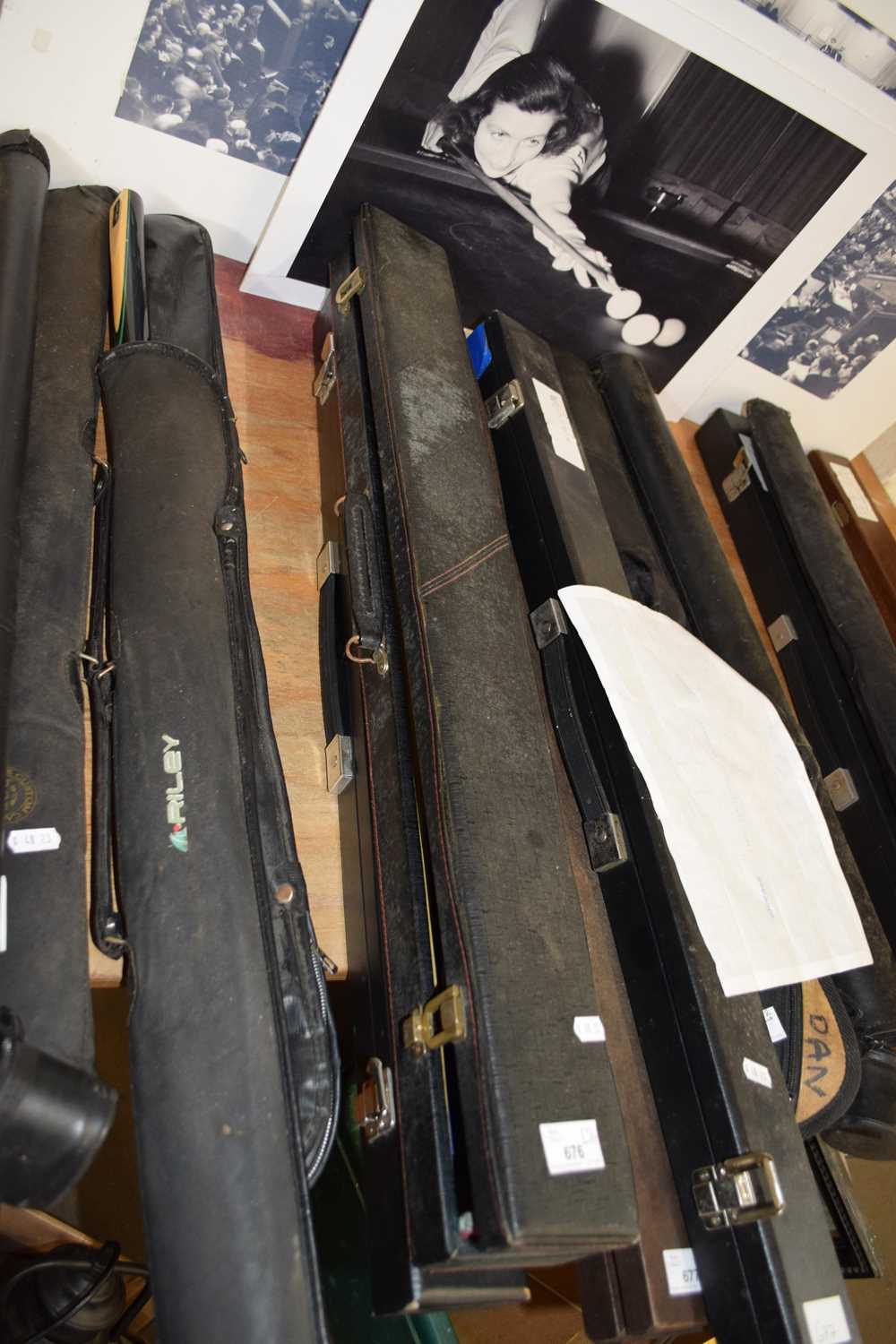 TWO CASED SNOOKER CUES, ONE MARKED 'RILEY', THE OTHER MARKED 'THE CROWN' BY PERADON & FLETCHER LTD