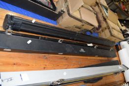 CASED CUE MARKED 'PERADON ROYAL', TOGETHER WITH A FURTHER POOL CUE IN METAL TRAVEL CASE AND A