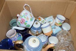 BOX OF MIXED CERAMICS AND GLASS WARES TO INCLUDE A LUSTRE FINISH TEA SET, SMALL POOLE POTTERY VASE
