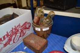 QTY OF VARIOUS JELLY MOULDS, SHOT MEASURES, BULBS AND A CARVED CIGARETTE BOX