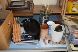 MIXED LOT OF KITCHEN WARES, VASES, SMALL WALL MIRROR ETC