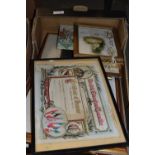 BOX CONTAINING FRAMED EDUCATION CERTIFICATE AND OTHER PICTURES