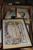 BOX CONTAINING FRAMED EDUCATION CERTIFICATE AND OTHER PICTURES