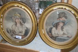 TWO 19TH CENTURY STUDIES OF SEATED LADIES, COLOURED LITHOGRAPHS SET IN OVAL FRAMES