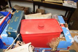 BOX OF MIXED ITEMS, PORCELAIN HEADED DOLL, BREAD BIN AND CUSHIONS