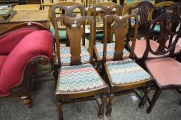 SET OF FOUR EARLY 20TH CENTURY OAK DINING CHAIRS WITH TURNED LEGS AND TAPESTRY COVERED SEATS