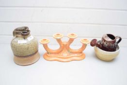 MIXED LOT COMPRISING A BESWICK CANDLESTICK, STUDIO POTTERY JUG, STUDIO POTTERY BOWL AND CORNISH