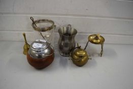 MIXED LOT SMALL WOODEN TEA CANISTER, PEWTER TANKARD ETC