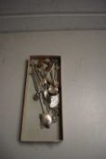 COLLECTION OF WHITE METAL SPOONS WITH POLISHED STONE FINIALS PLUS DECANTER LABELS