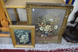 DOROTHY GARRETT, A VASE OF CHRISTMAS ROSES, OIL ON BOARD, GILT FRAMED (2)