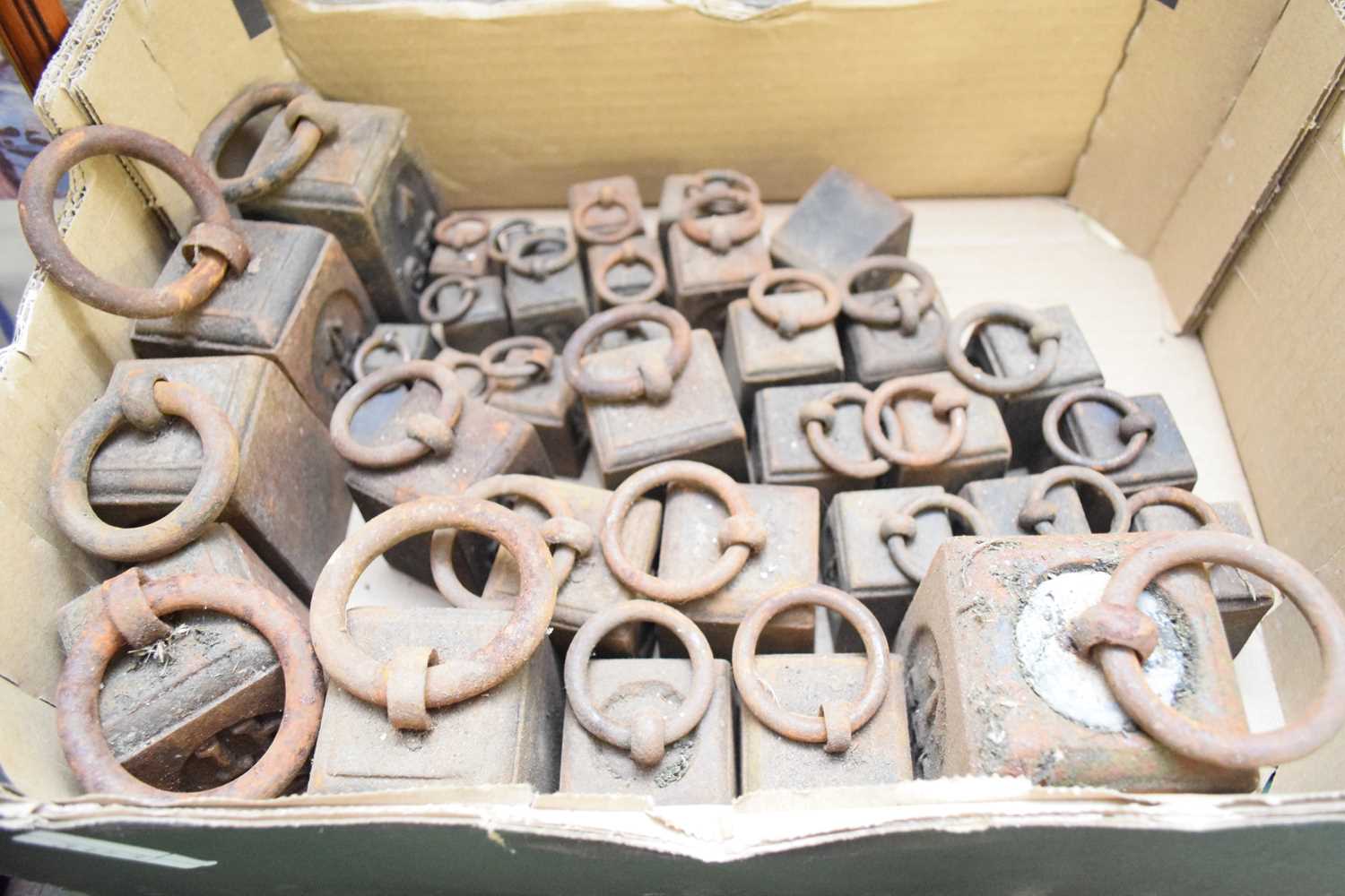 BOX OF VARIOUS IRON WEIGHTS