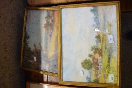 TWO STUDIES OF COUNTRY SCENES WITH COTTAGES AND CHURCH, WATERCOLOURS, GILT FRAMED, 37CM WIDE