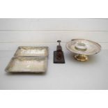 MIXED LOT SILVER PLATED PEDESTAL DISH, DESK EMBOSSER, GLASS DRESSING TABLE BOX AND ENTREE DISH