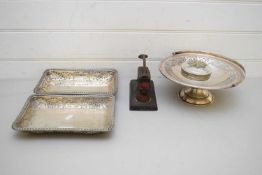 MIXED LOT SILVER PLATED PEDESTAL DISH, DESK EMBOSSER, GLASS DRESSING TABLE BOX AND ENTREE DISH