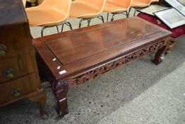 20TH CENTURY CHINESE HARDWOOD RECTANGULAR COFFEE TABLE WITH CARVED DRAGON DETAIL, 126CM WIDE