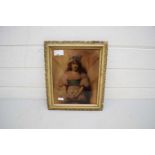 ANTIQUE CRYSTOLEUM GLASS PICTURE DEPICTING A YOUNG LADY SET IN A GILT FRAME