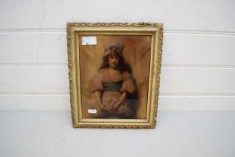 ANTIQUE CRYSTOLEUM GLASS PICTURE DEPICTING A YOUNG LADY SET IN A GILT FRAME