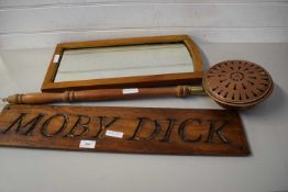 MIXED LOT COMPRISING A SMALL MIRROR, A COPPER WARMING PAN AND A WOODEN SIGN MARKED 'MOBY DICK' (3)