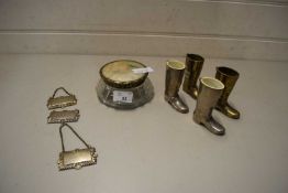 MIXED LOT SILVER PLATED DECANTER LABELS, SILVER PLATED MODEL SHOES AND DRESSING TABLE JAR