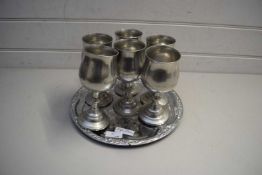 MIXED LOT PEWTER GOBLETS AND A SILVER PLATED TRAY