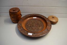 LARGE CARVED CIRCULAR WOODEN BOWL TOGETHER WITH WOODEN BISCUIT BARREL AND COVERED BOX (3)