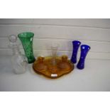 MIXED LOT COMPRISING A GLASS DRESSING TABLE SET, VARIOUS COLOURED GLASS VASES, DECANTER ETC