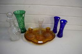 MIXED LOT COMPRISING A GLASS DRESSING TABLE SET, VARIOUS COLOURED GLASS VASES, DECANTER ETC