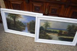 PAIR OF LATE VICTORIAN OILS, RIVER SCENE AND COTTAGE BY RIVER, SET IN WHITE PAINTED FRAMES