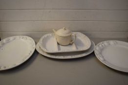 VARIOUS WHITE GLAZED MEAT PLATES, TEA POT ETC