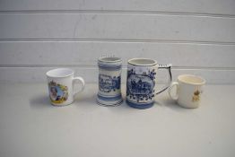 TWO ROYAL COMMEMORATIVE MUGS AND TWO MODERN DELFT MUGS (4)