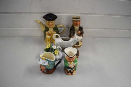 MIXED LOT VARIOUS CHARACTER JUGS TO INCLUDE A MINIATURE ROYAL DOULTON MERLIN JUG PLUS A COW