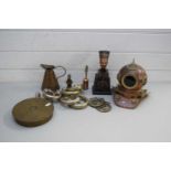MIXED LOT MINIATURE DIVERS HELMET, A REPRODUCTION EGYPTIAN HEAD, HORSE BRASSES, THE END OF A BRASS