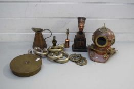 MIXED LOT MINIATURE DIVERS HELMET, A REPRODUCTION EGYPTIAN HEAD, HORSE BRASSES, THE END OF A BRASS