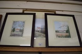 GRAHAM LANE, THREE STUDIES - WATERDEN CHURCH AND TWO OTHERS, WATERCOLOURS, LARGEST 46CM HIGH, F/G (