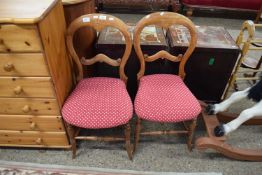 PAIR OF VICTORIAN STAINED BEECH BALLOON BACK DINING CHAIRS WITH RED UPHOLSTERED SEATS