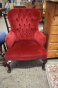 EARLY 20TH CENTURY RED UPHOLSTERED BUTTON BACK ARMCHAIR