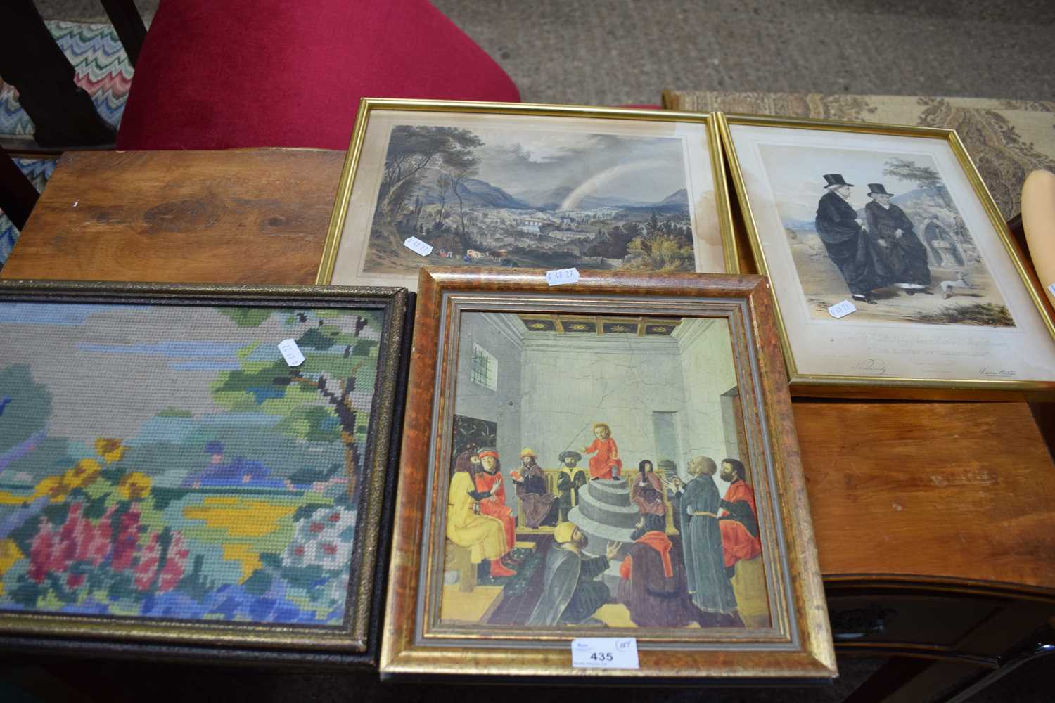 MIXED LOT OF PICTURES TO INCLUDE FRAMED ENGRAVING 'THE LADIES OF LLANGOLLEN', FURTHER ENGRAVING 'THE