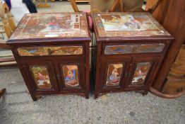 PAIR OF 20TH CENTURY CHINESE BEDSIDE CABINETS, SINGLE DRAWER AND TWO DOORS, DECORATED WITH FIGURES