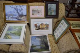 MIXED LOT: SEVEN PICTURES TO INCLUDE MODERN OIL ON BOARD STUDIES, A LINDA JANE SMITH PRINT OF CATS