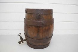 SMALL METAL BOUND OAK BARREL WITH TAP