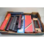 BOX OF VARIOUS HORNBY RAILWAYS AND OTHER ROLLING STOCK, ENGINES ETC