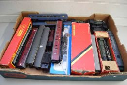 BOX OF VARIOUS HORNBY RAILWAYS AND OTHER ROLLING STOCK, ENGINES ETC