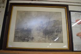 GEORGE SHEFFIELD, A MONOCHROME STUDY OF BOATS IN A HARBOUR, OAK FRAMED AND GLAZED, 109CM WIDE