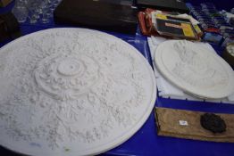 LARGE PLASTERWORK CEILING BOSS (A/F) TOGETHER WITH A FURTHER CIRCULAR PLASTERWORK WALL PLAQUE (2)