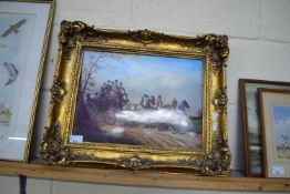 REPRODUCTION VIENNA PORCELAIN PLAQUE DEPICTING A COACHING SCENE SET IN A HEAVY GILT FRAME, 53CM