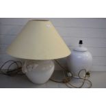 TWO MODERN WHITE GLAZED POTTERY TABLE LAMPS, ONE WITH SHADE