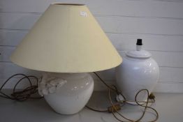 TWO MODERN WHITE GLAZED POTTERY TABLE LAMPS, ONE WITH SHADE