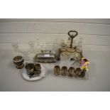 MIXED LOT OF A SILVER PLATED CRUET STAND, SILVER PLATED BUTTER DISH AND OTHER PLATED WARES, GLASS