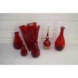 MIXED LOT OF VARIOUS RED GLASS WARES TO INCLUDE A HANDKERCHIEF TYPE VASE, VARIOUS JUGS AND DECANTER