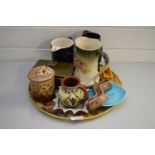 TRAY VARIOUS MIXED CERAMICS TO INCLUDE WADE PUB JUGS, TORQUAY WARE PUZZLE JUG AND OTHER ITEMS